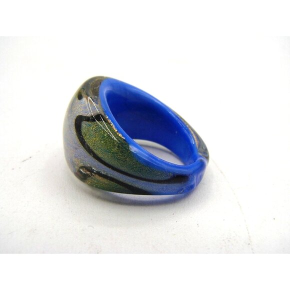 Pier One Blown Glass Cosmic Ring Domed Blue Gold Black Chromatic Lampwork Size 7 - Picture 4 of 12